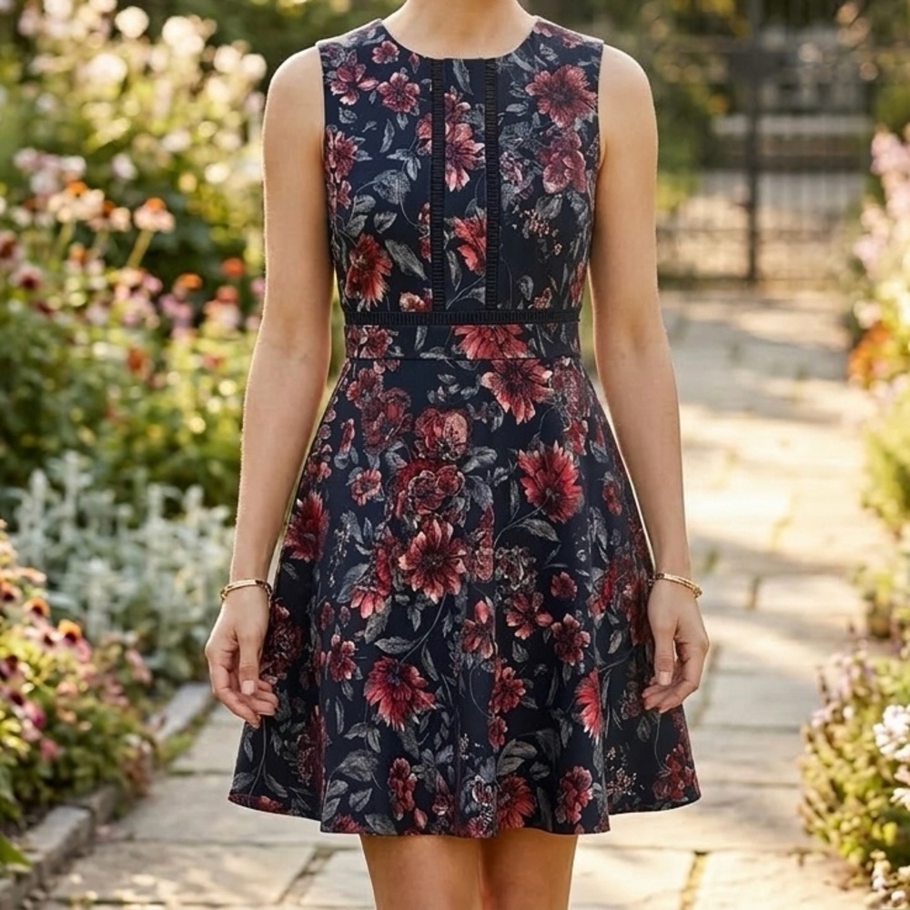 Soiéblu Dark Floral Sleeveless Fit & Flare Mini Dress Wedding Guest Party S EUC